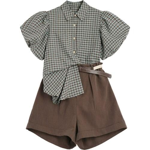 Bugilaku Vintage Shorts Sets Women Two Piece Sets Turn Down Collar Short Sleeve Plaid Shirts High Waist Short Pants Streetwear