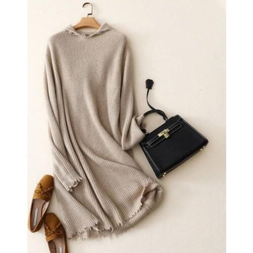 Winter thick new fashion warm womens knitted 100% cashmere hooded dress