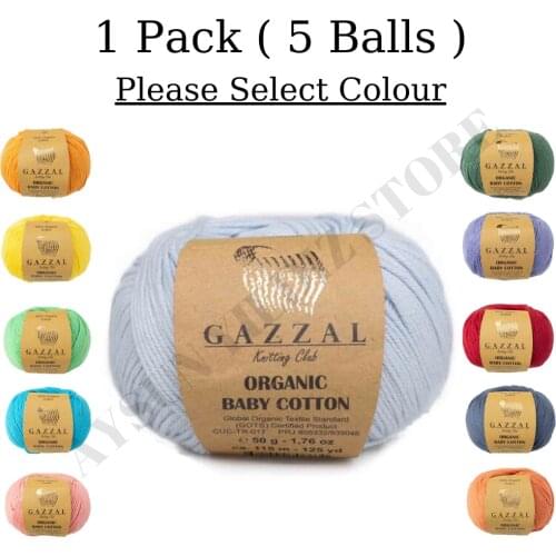 1 Pack ( 5 Balls ) Gazzal Organic Baby Cotton %100 Organic Cotton Yarn 50 Gram 115 Mt. All Color Option Crochet Tool Kit Thread