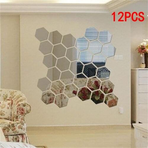 12PCS Hexagon Acrylic Mirror Wall Sticker Removable 3D Wall Mirror Sticker Decorative Mirrored Sticker Home Room Decor