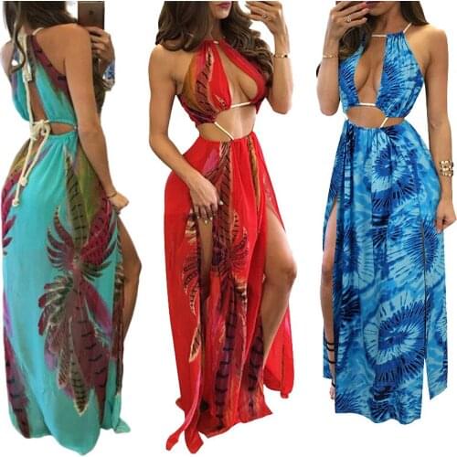 2021 New Womens Bohemian Flower Lace Beach Party Split Halterneck Dress Plus Size Ruched Dress
