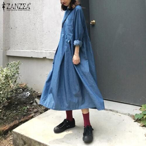 2021 Fashion Female Autumn Daily Denim Dress Womens Casual Solid Midi Robe ZANZEA Round Neck Long Sleeve Sundress Oversized 5XL