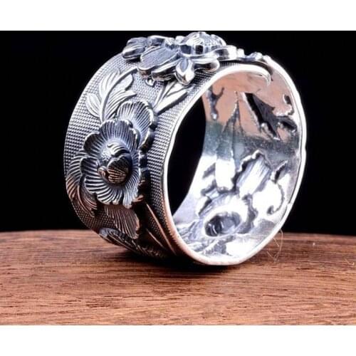 BOCAI 100% real S990 pure silver ring for female peony flower embossed Thai silver ring rich and fashionable woman rings