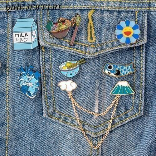 QIHE JEWELRY Japanese Style Enamel Pins Collection Mount Fuji Ramen Milk carton Koi fish Ukiyo-e Lapel Pins Brooches Badges