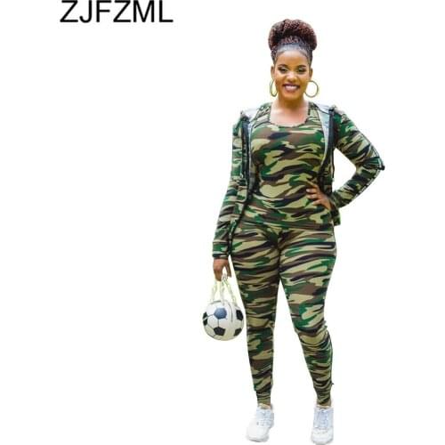 Camouflage Letter Print Sexy 3 Piece Set Autumn Clothes for Women Slim Fit Tank Tops+skinny Legging+long Sleeve Hooded Jackets