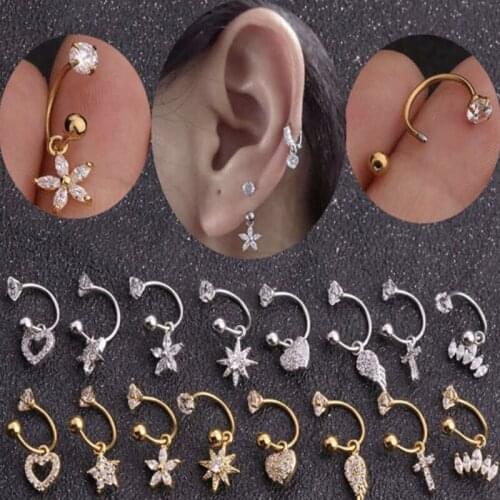 1PS Surgical Steel Helix Cartilage Conch CZ Heart Star Cross Wings Flower Ear Ring Tragus Ring Hoop fashion Piercing Jewelry