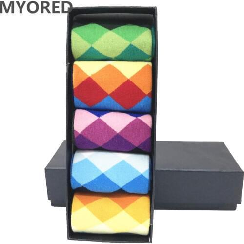 MYORED 5 pair/lot Mens Argyle Colorful Socks cotton colorful wedding gift socks funny for happy bright party sock NO BOX