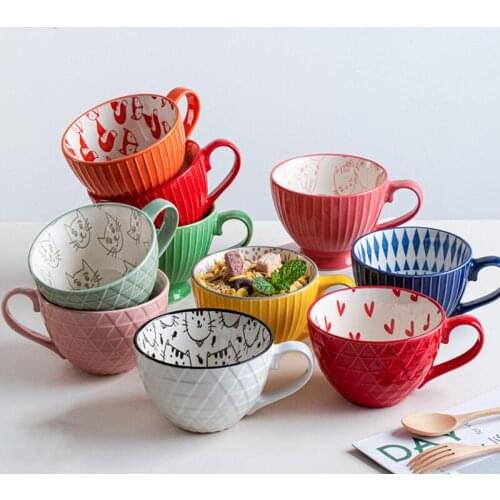 Ins Style Mug Creative Personality Embossed Breakfast Cereal Cute Ceramic Cup Milk Household Large Capacity Coffee Oatmeal Cups