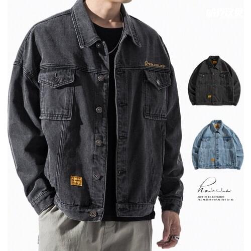 Japanese Trendy Brand Denim Jacket Mens Spring and Autumn Korean Version of All-match Loose Overalls Black Denim Jacket Men