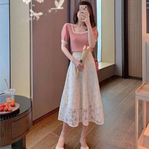 Summer Women Fashion Suit Knit Short Sleeve T-shirt Tops + High Waist Lace Midi Skirt Set 2 Piece Sets Womens Outfits Y569