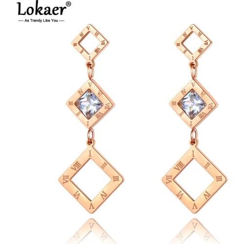 Lokaer Trendy CZ Crystal Square Roma Number Titanium Stainless Steel Earrings Bohemia High Quality Jewelry For Women Girl E20294