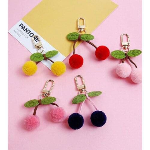 Cute Cherry Balls Pompoms Keychain For Women Trinket Ins Key Chains Car Bag Pendent Charm Airpods Pendant Keyfob Couple Gift