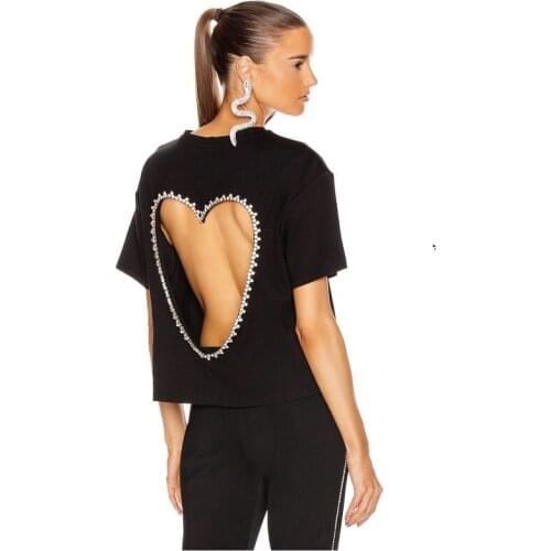 2021NEW summer halter heavy industry rhinestone edge love solid color short T-shirt pure cotton round neck fashion T-shirt women