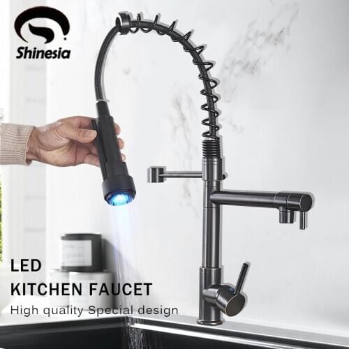 NEW Chrome Finish Dual Spout LED Kitchen Sink Faucet Deck Mount Spring Kitchen Mixer Tap Kitchen Hot and Cold Water tap