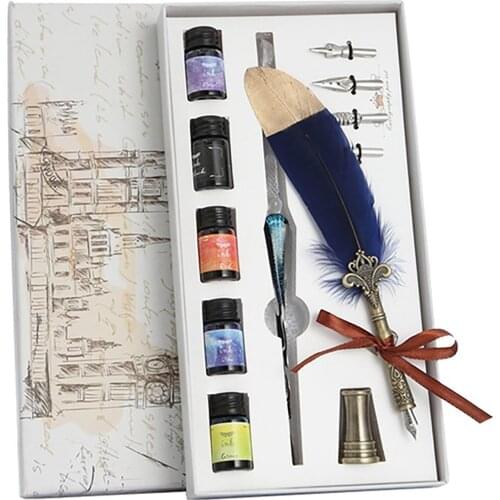 Glass Dip Signature Fountain Pen Faux Crystal Feather Design Writing Decor Set Stationery Supplies Pen With Ink Gift Box