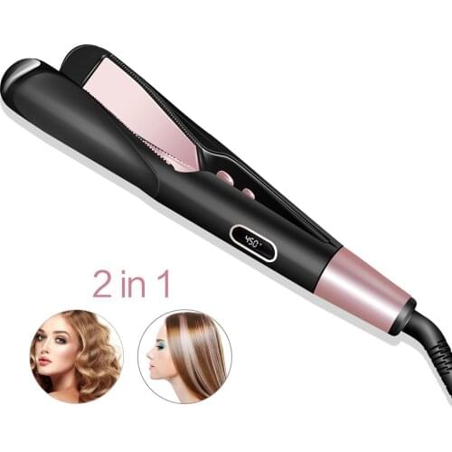 2 in 1 Flat Hair Straightener Curling Iron LCD Temperature Display Spiral Wave Curler Crimper for Home Hairstyle
