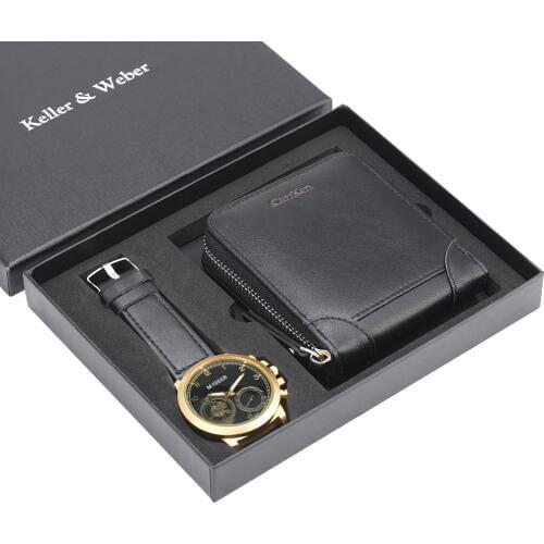 Casual Short Men Wallet Gift Set Leather Band Quartz Wrist Watch Zipper Design Money Wallet for Dad Husband Top Luxury Gifts