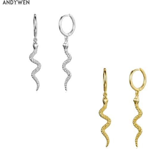 ANDYWEN 925 Sterling Silver Gold Long Snake Hoops Earrings High Quality Women Luxury Hoops Punk Rock Drop Earring Jewelry