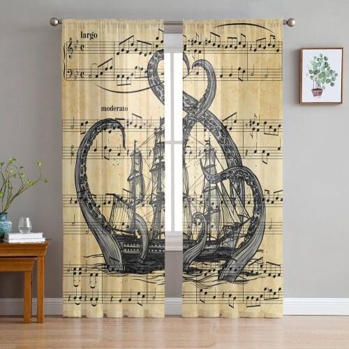 Sheet Music Octopus Pirate Ship Sheer Curtains for Living Room Bedroom Kitchen Chiffon Tulle Curtains Home Hotel Coffee Decor
