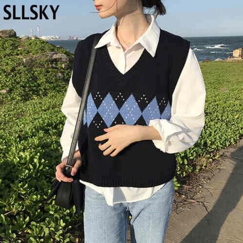 Sllsky Women Sweater Vest Autumn 2020 Korean Style Vintage Geometric Argyle V Neck Sleeveless Pullovers Knitted Woman Sweaters