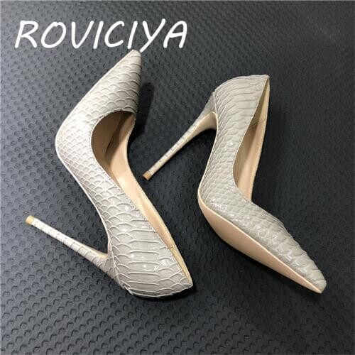 Light gray snake high heel pointed shallow stiletto high heel women shoes 12cm banquet shoes party evening shoes QP063 ROVICIYA