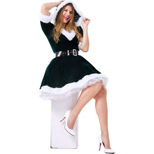 Green Velvet Santa Claus Costume Women Sexy Christmas Dress Female Hoodie New Year Party Family Dress Christmas Party Dress