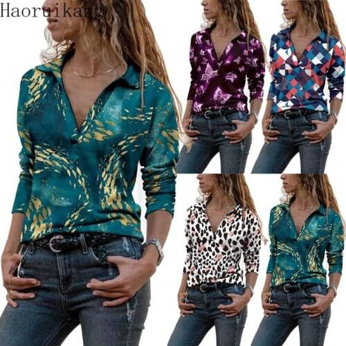 Women V Neck Long Sleeve T-Shirt Slim Print Casual Shirts Fashion Streetwear Female Tops Pullover