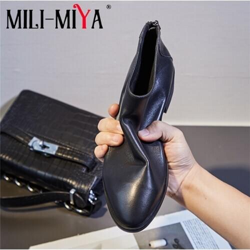 MILI-MIYA Luxury Autumn Woman Ankle Boots High Quality Genuine Leather Black Gray Zipper Round Toe Soft Low Heels Shoes Size 43