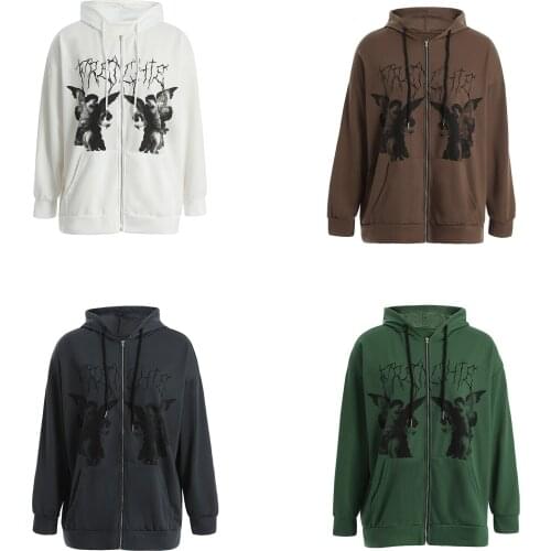 Women Plus Size Hooded Sweatshirts Printed Loose Fit Long Sleeve Zip-up Pullover Hoodies with Pockets