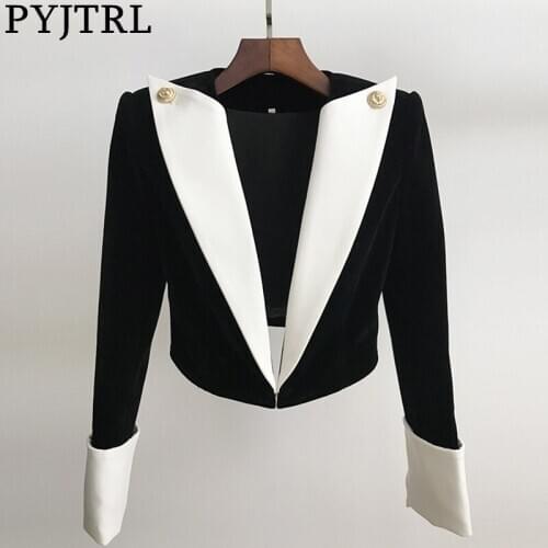 PYJTRL Women Stylish Suit Jacket OL Patchwork Velvet Short Blazer