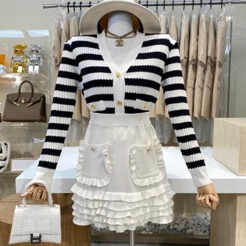 Causal Knitted Sweater 2 Piece Set Women Outfits Striped Long Sleeve Elegant Cardigan Top + Pleated Mini Skirts Two Piece Suits