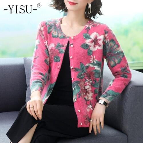 YISU Knitted Sweaters Cardigan Women 2021 Spring Autumn New Big flower Printed Cardigan O-neck Long sleeve Loose Sweater Coat