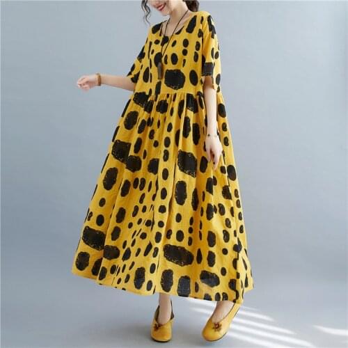 New One Piece Oversize Cotton Long Dress Women Plus Size 4XL 5XL 6XL Dot Print Large Size Linen Dress Elegant Boho Holiday Dress