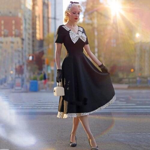 Retro Vintage 50s Dress Black Hepburn Elegant V Neck Bow Big Swing Polka Dot Patchwork Plus Size Rockabilly Pinup Jurken VD1661