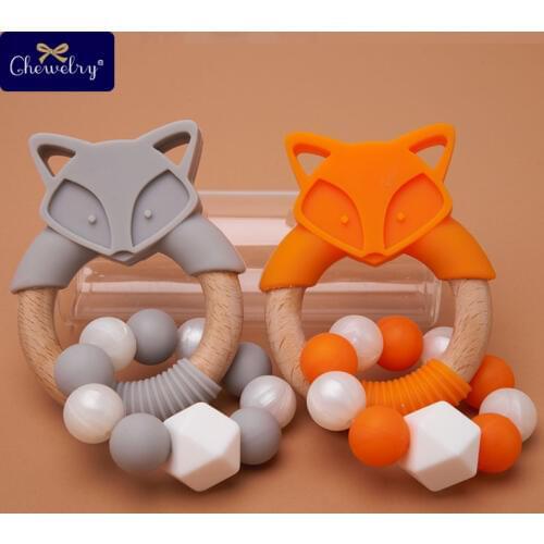 1PC Baby Teether Fox Bracelet Toys Silicone Beads Rodent Beech Wooden Ring DIY Necklace Marbles Teether For Kids Product Toys