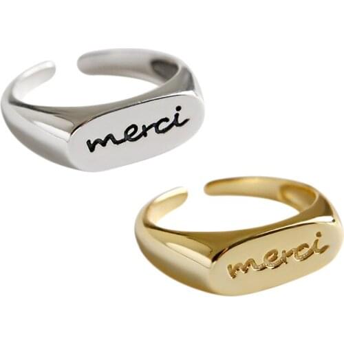 1pc Authentic S925 Sterling Silver FINE Jewelry White/Gold "Merci" Engraved Oval Geometric ring Band adjust TLJ1095
