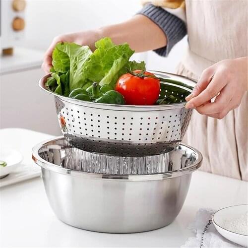 3pcs/ Set Multifunctional Stainless Steel Basin Sink Kitchen Colander Fine Mesh Basket Vegetable Washing Bowl Dropshipping #T2G
