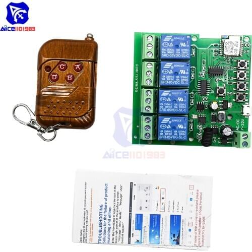 Diymore 4 CH Self-Lock Interlock WiFi Relay Switch Module with Remote Control AC 85-220V/DC 5-32V 433Mhz for Arduino Smart Home