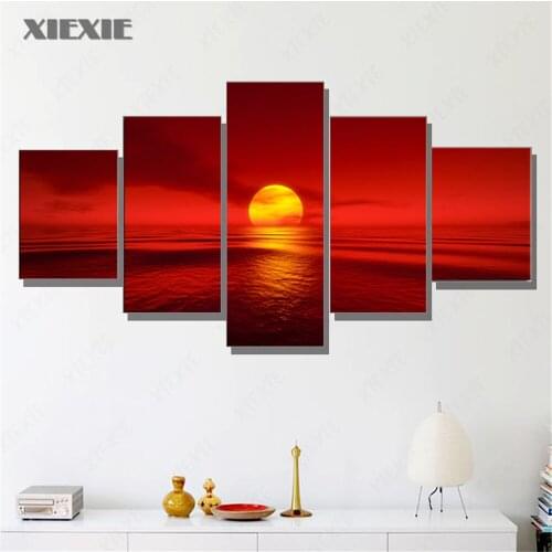 5Pcs Natural Seascape Canvas Printing Wall Art Paintings Sunset Red Sun Sea Poster Pictures Living Room Home Decoration