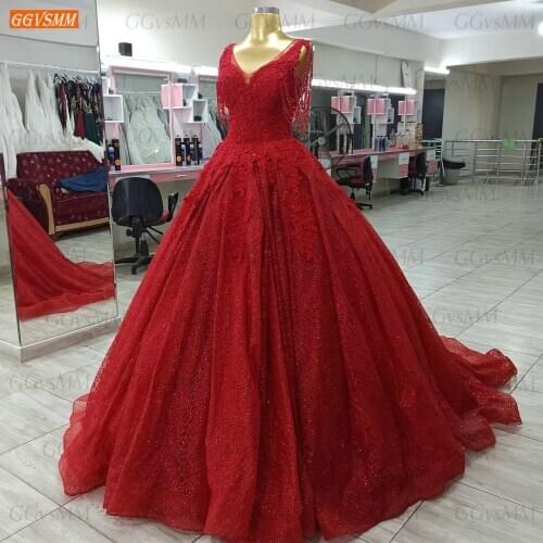 Sparkly Red Wedding Gowns Lace Up Vestido De Noiva 2021 Appliques Beaded Tulle Ball Gown Bridal Dresses For Women Robe De Mariée