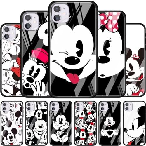 Disney Mickey Minnie Black for Apple iPhone 12 Pro Max Mini 11 Pro XS Max X XR 6S 6 7 8 Plus Luxury Tempered Glass Phone Case