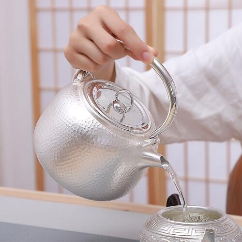 Pure silver Kung Fu tea set, manual production pure silver 999 do old burn water kettle mention beam pot, office gift collection