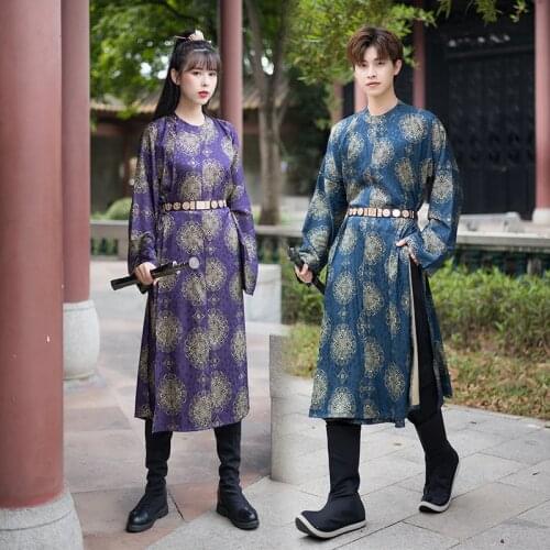 Men Women Hanfu with Belt Tang Print Round Neck Robes Couples Chinese Style Ancient Retro Dress Gown Party Cosplay Costume Set