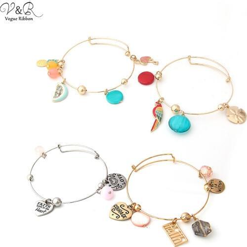 Imitation Gold/RH Plated Stretch Bracelet With Epoxy Pineapple/ Watermelon/ Shell / Flamingo/Letter Pendants Bohemian Bracelets