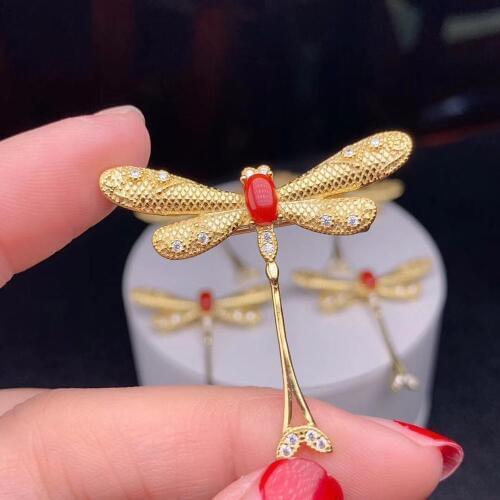Elegant Lovely Dragonfly fly Natural red coral gem Brooch S925 silver Natural gemstone Pendant women wedding gift fine jewelry