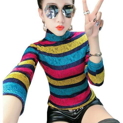 European Streetwear Womens Turtleneck T Shirts 2019 Luxury Colorful Striped Tees Woman Autumn Spring Plus Size Jacquard Tshirt