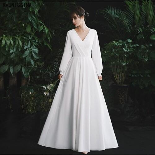 KAUNISSINA Simple Satin Wedding Dresses V-Neck Long Sleeve Floor Length A-Line White Bridal Gowns Robe De Mariage Custom Size