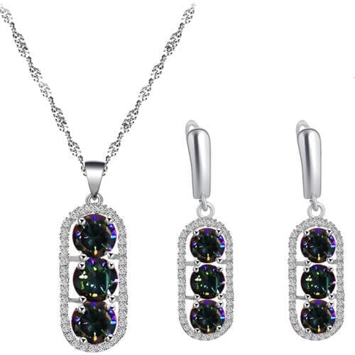 Vintage design 925 silver iridescent zircon earrings necklace pendant jewelry set wedding gift latest JS846