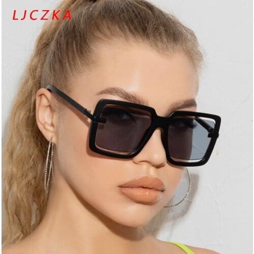 LJCZKA Vintage Square Sunglasses Women Oversize Luxury Brand Designer Punk Sun Glasses Hollow Out Frame Lunette De Soleil Femme