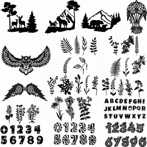 Metal Cutting Dies Fauna Mountain Tree Wildflower Bush Owl Wing Upper Case Alphabets Arabic Numerals 0-9 DIY Scrapbooking 2021